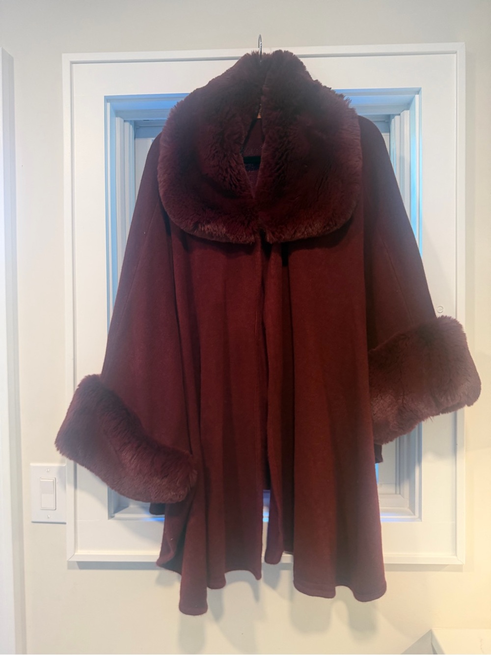 Burgundy Faux Fur Trim Swing Coat
